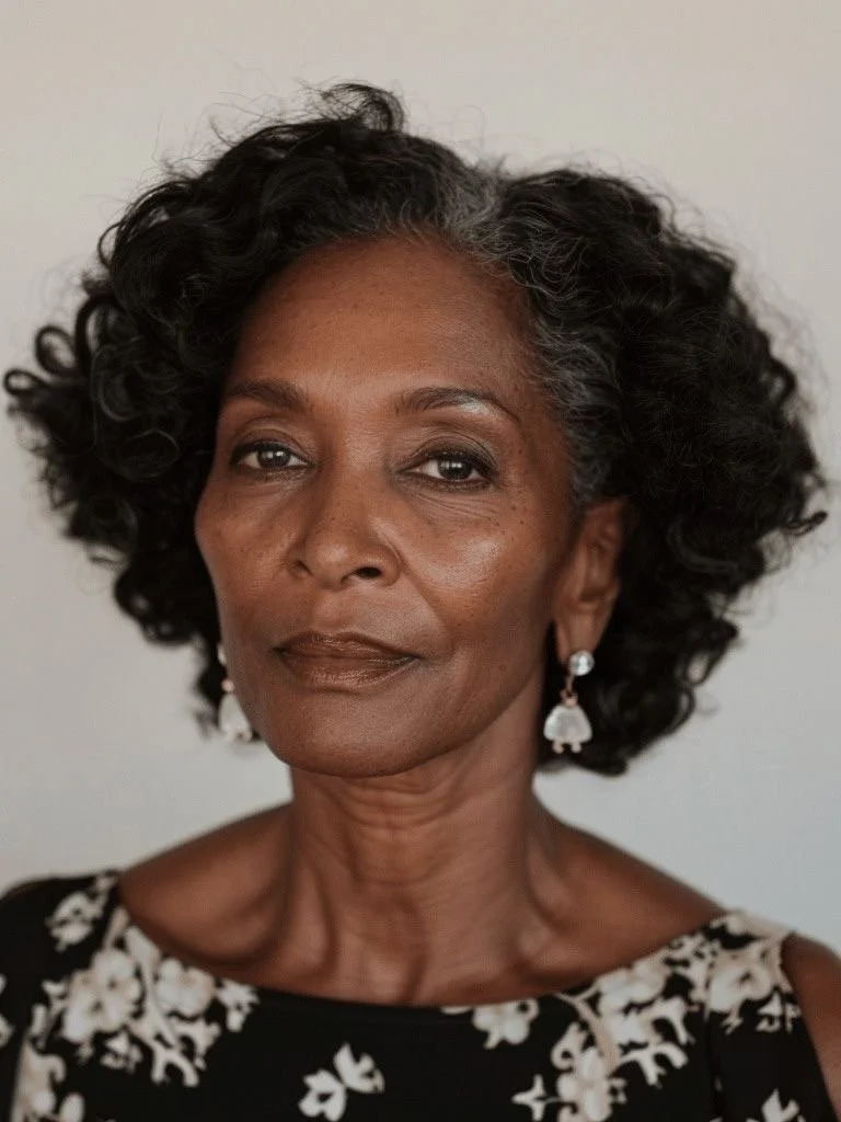 A portrait of an elegant middle-aged African American woman with curly hair, wearing earrings and a floral dress, against a plain light background.