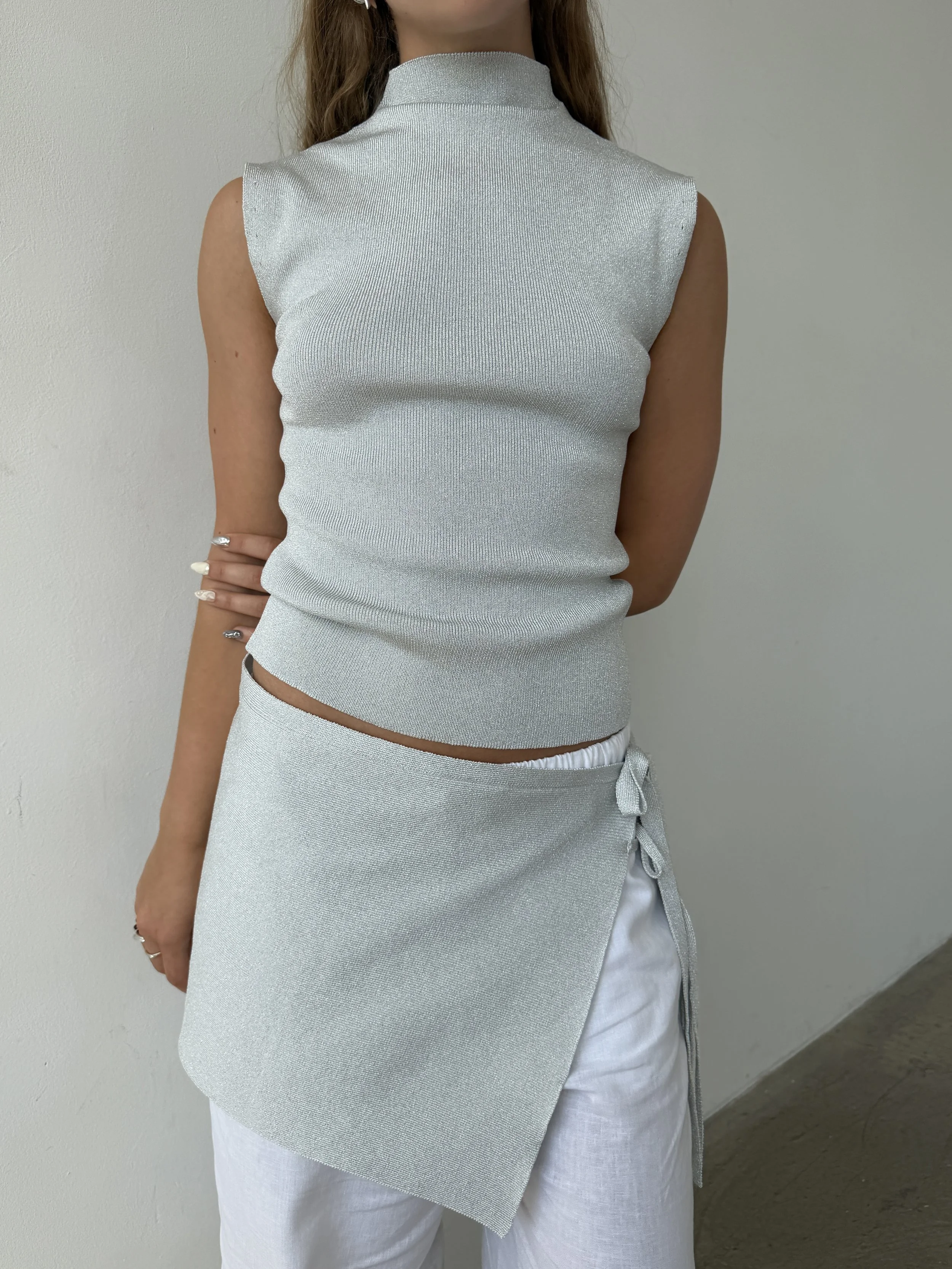METALLIC WRAP SKIRT - Silver - IN STOCK