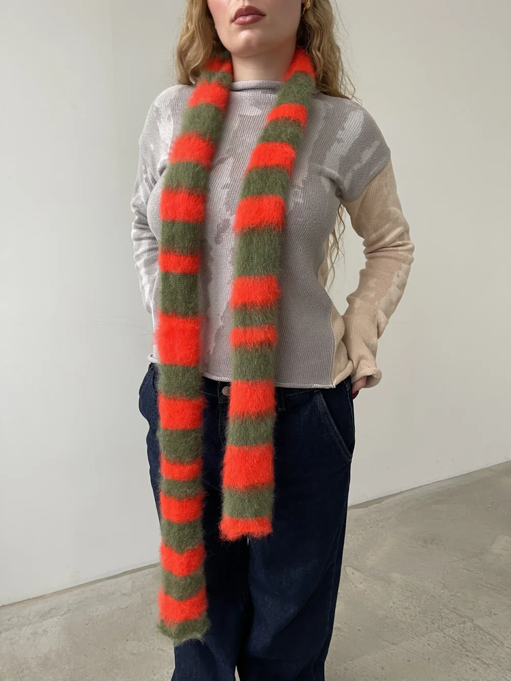 Stripe Mohair Wide Top and Scarf（Khaki） Observe - Wool Mohair Stripe Knit Scarf - Mocha | UP THERE