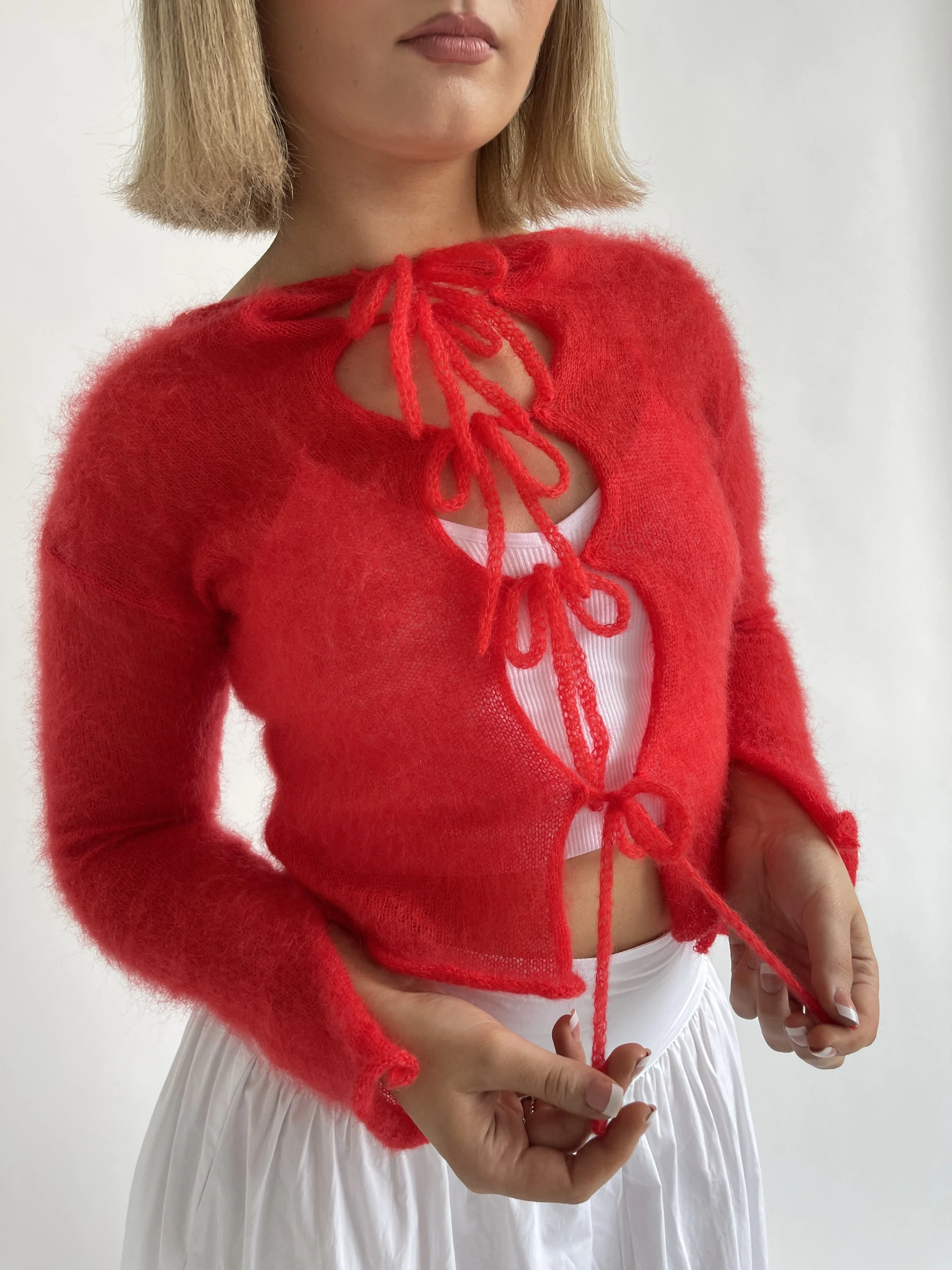 SAMPLE SALE ITEM - Tie front cardi - Red