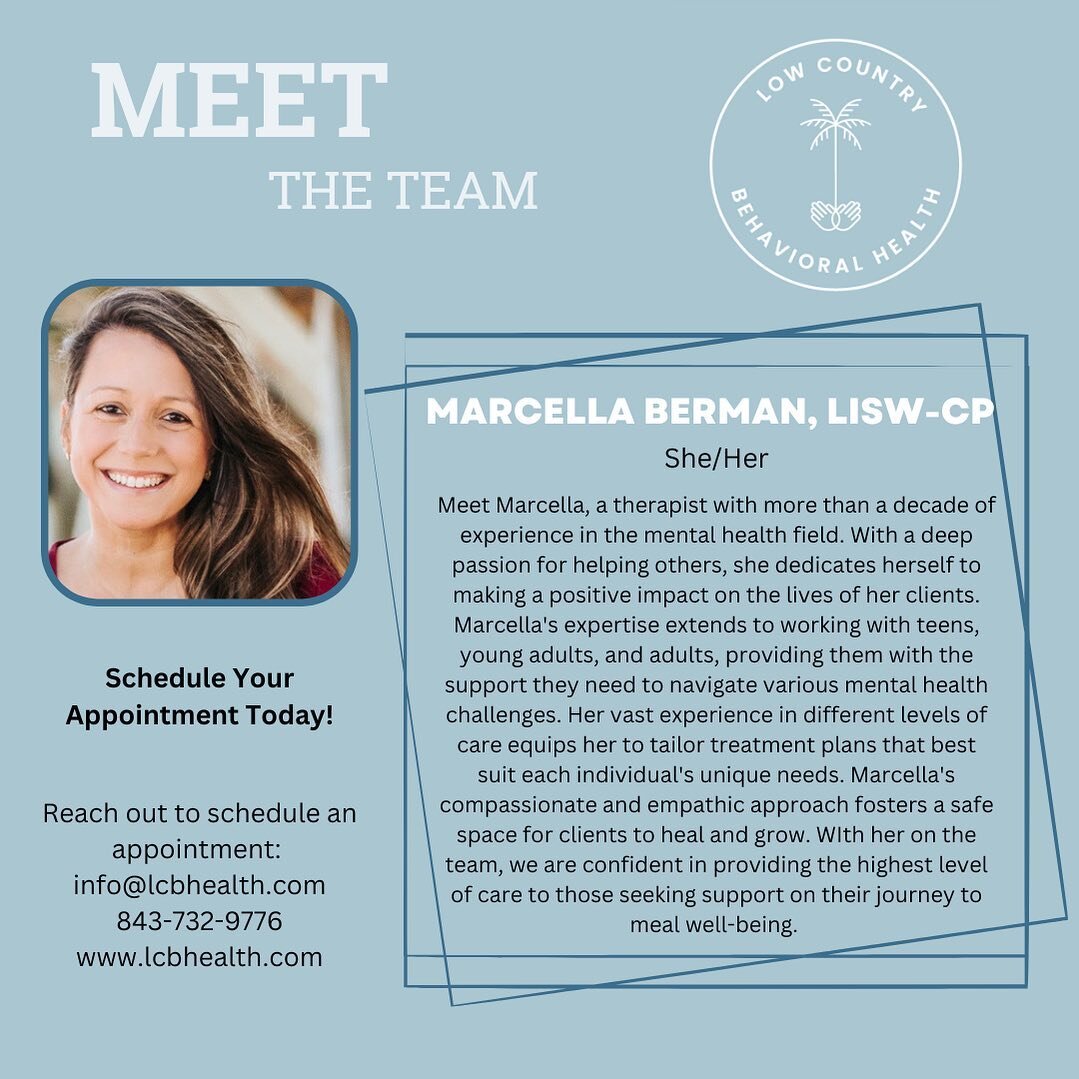 Meet Marcella! Marcella is a Licensed Independent Social Work and therapist at LCBHealth. 

To learn more about Marcella, visit us at Lcbhealth.com/about

*
*
*

#mentalhealthsc #meetthetherapist #welcometoteam #mentalhealthawareness #anxietycycle #a