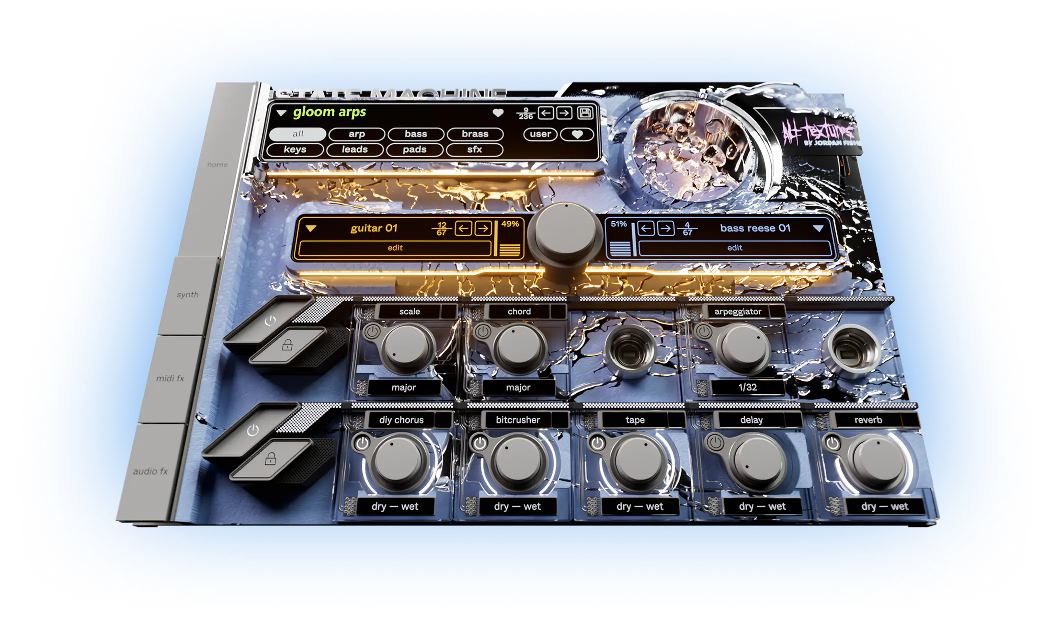 An electronic music production controller with multiple labeled knobs, buttons, and screens displaying various settings and parameters. The surface appears to have a cracked metallic design.