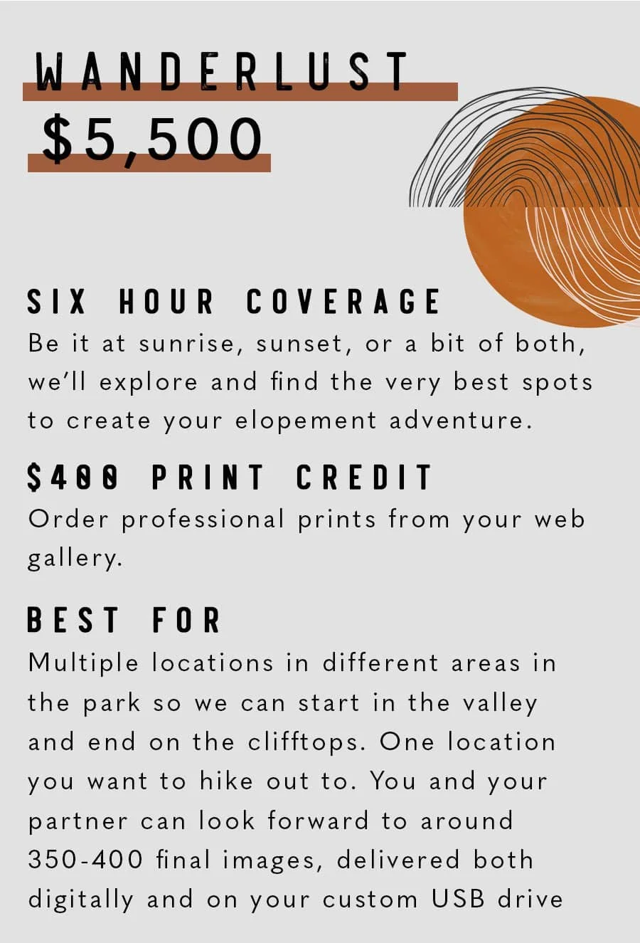 A promotional flyer for a photography or adventure service called 'Wanderlust,' priced at $5,500. It offers six-hour coverage for outdoor exploration, with professional prints included for $400. The service is suitable for multiple park locations, from valleys to clifftops, with final images delivered digitally and on a custom USB drive.