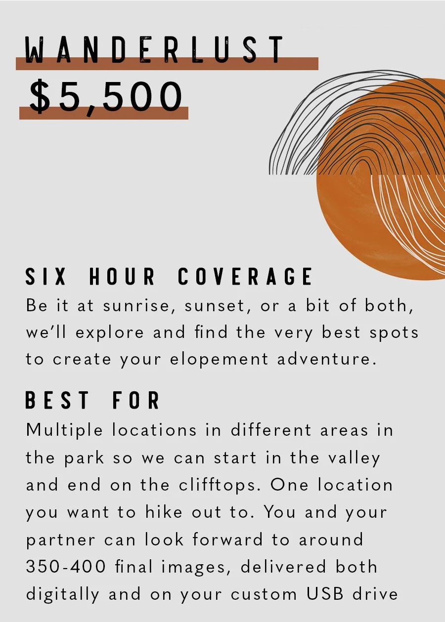 Travel package details for Wanderlust, priced at $5500. Includes six-hour coverage for exploring parks to find optimal spots for outdoor adventure, at sunrise, sunset, or both. Suitable for multiple locations and ending on cliffs. Participants can look forward to 350-400 final images, delivered digitally and on a custom USB drive.
