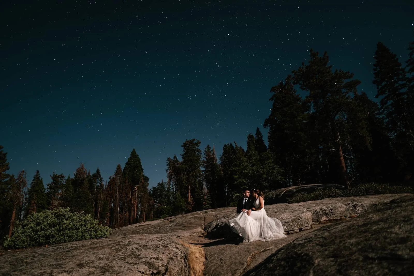 Couple cuddles together under the stars in sequoia after wedding