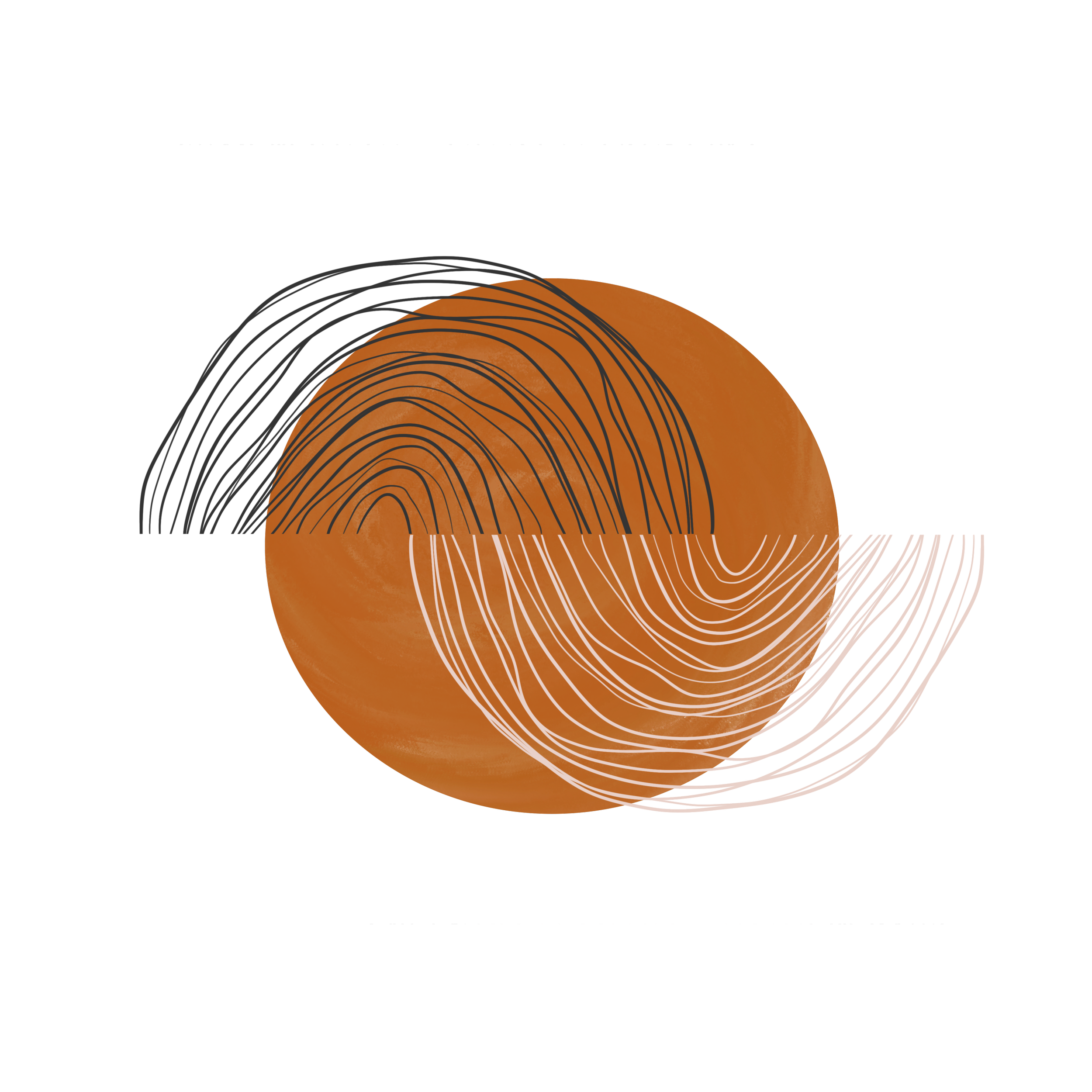 Graphic illustration of a caramel-colored sphere with overlaid contour lines, some in black and others in pink, creating a circular pattern.