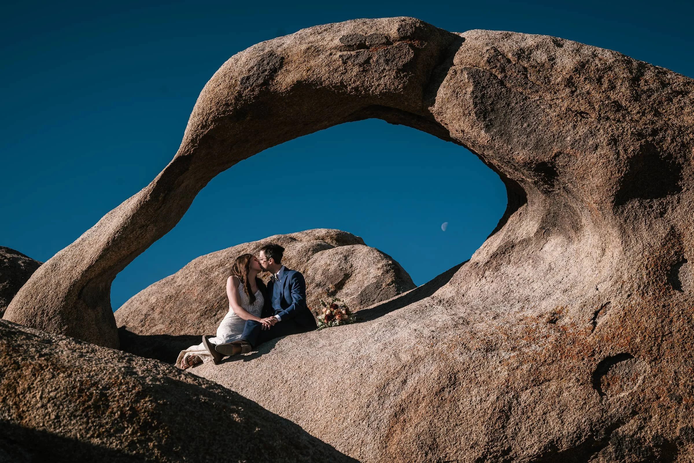 rock arch and moon in alabama hills wedding