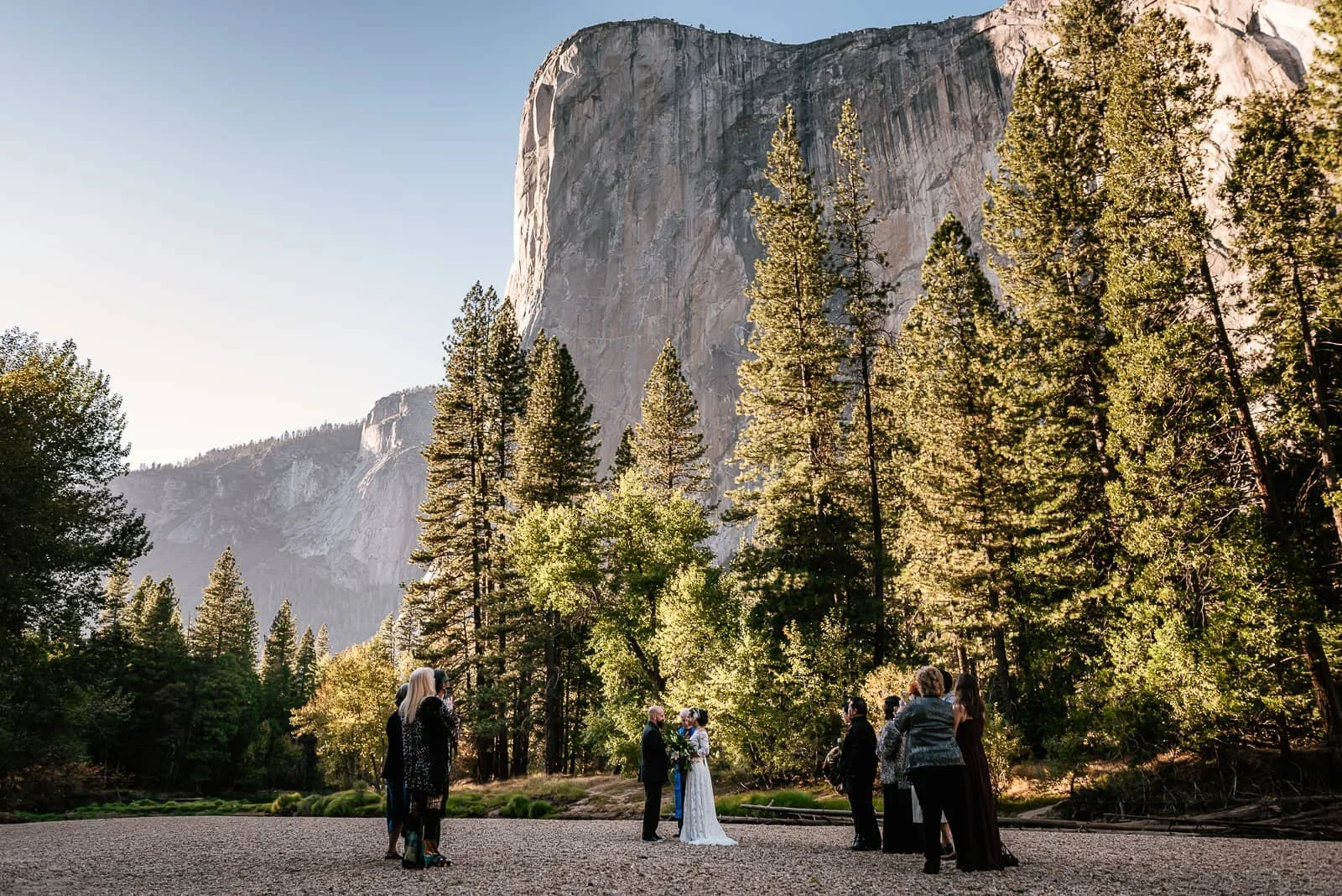 A wedding ceremony taking place in a forested area with tall trees and mountains in the background.