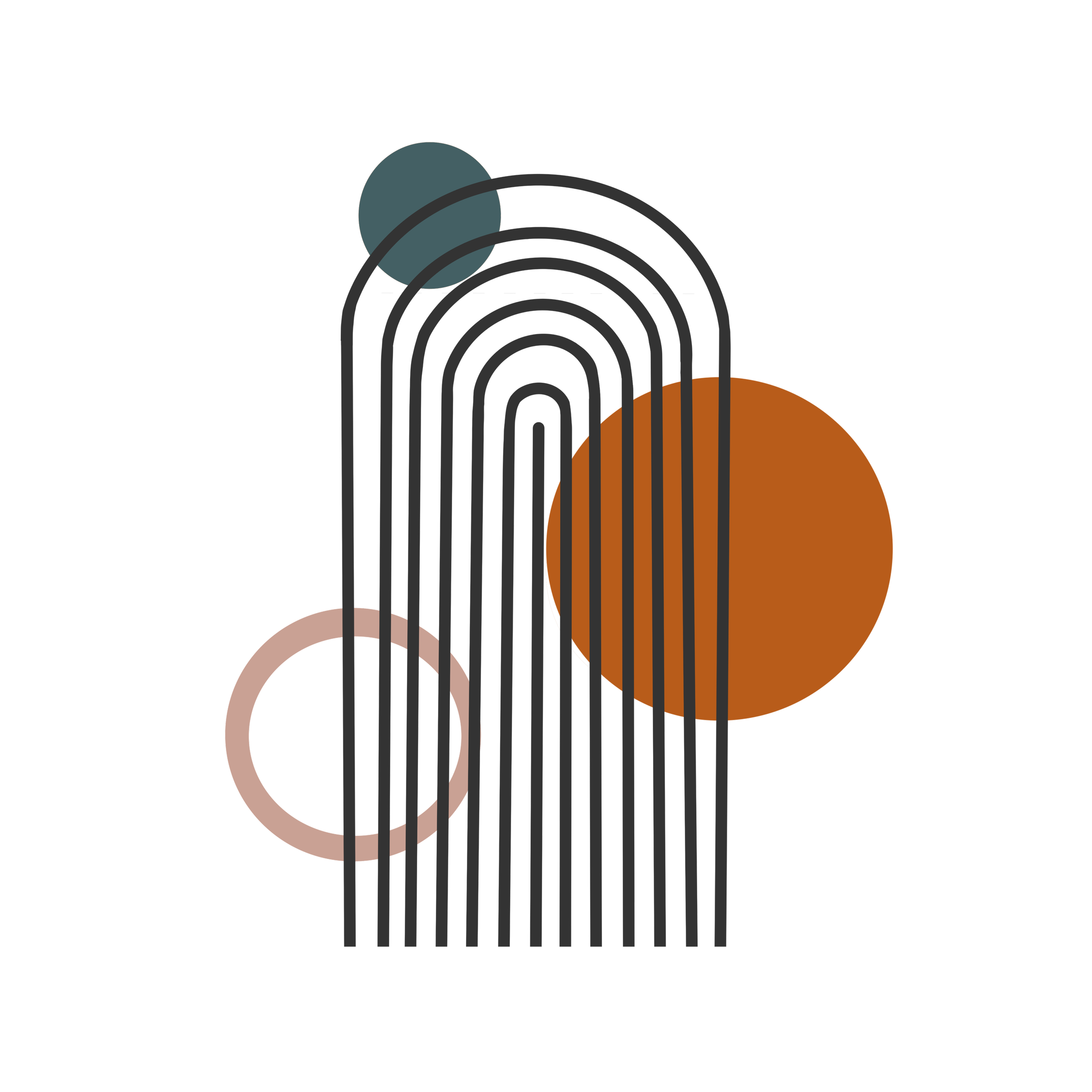 Abstract graphic with overlapping circles in muted colors and black curved lines.