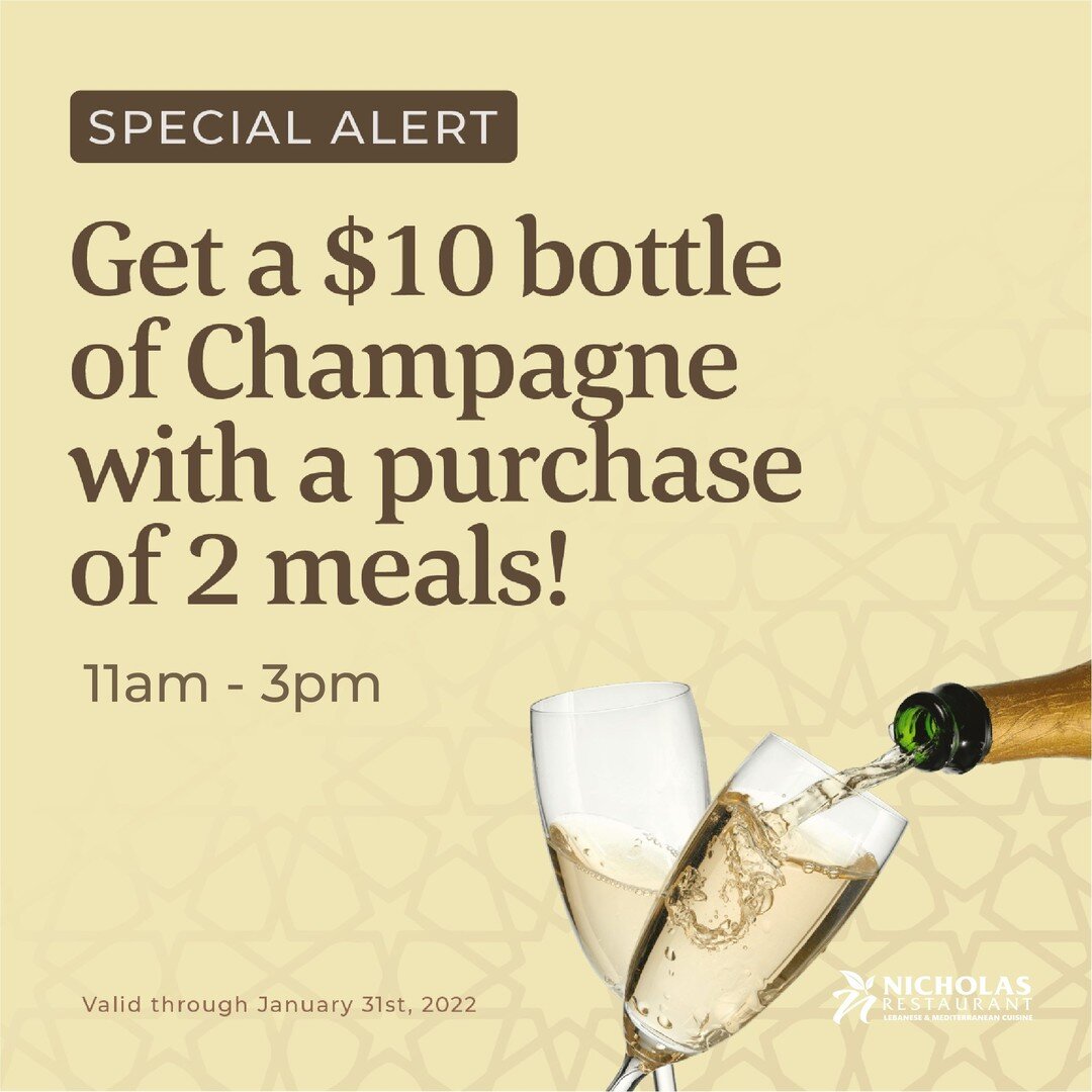SPECIALS ALERT! 🤩 For all of January, get a $10 bottle of Champagne with a purchase of 2 meals during lunch hours 11am - 3pm.  #specials #champagne #lunch