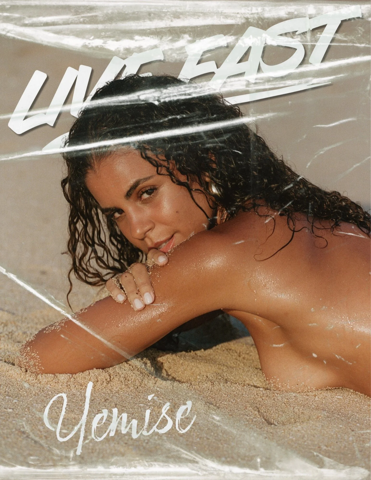 Yemisi Adenike — Model in a vibrant multicolored string bikini and implied topless looks photographed on rocky shoreline and sandy beach in Bali at golden hour. Raw, elemental fine-art editorial.