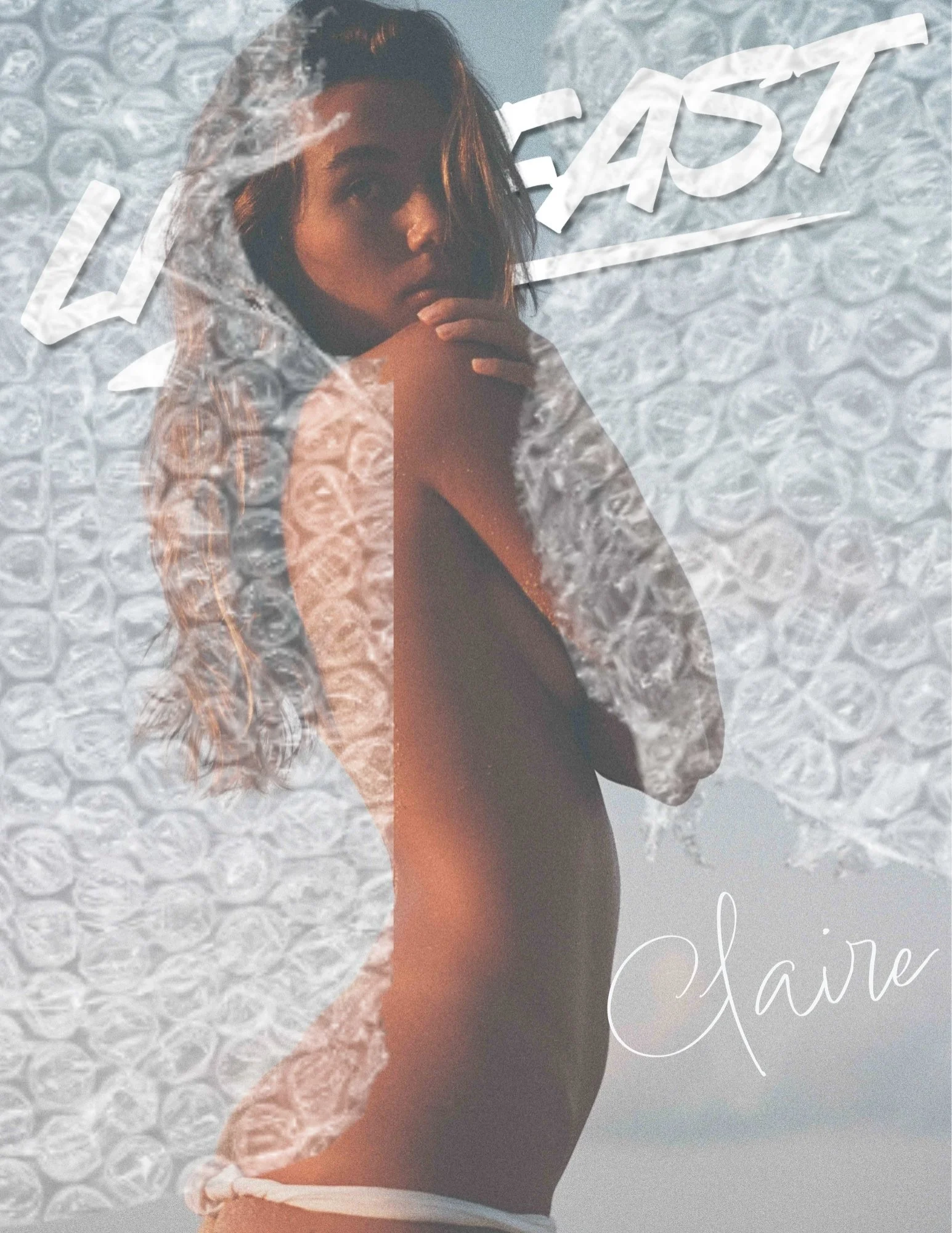 Claire Moline — Model in a minimal white bikini photographed on a Bali beach at dawn, alternating between black-and-white film-grain portraits and warm golden-tone coastal frames. Intimate fine-art editorial.