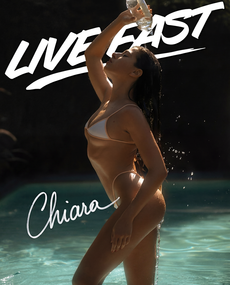 Chiara Bianchino photographed by Tatyana Kudryashova at a private villa pool in Bali. Lush tropical setting with turquoise water, golden light, and elevated poolside editorial.