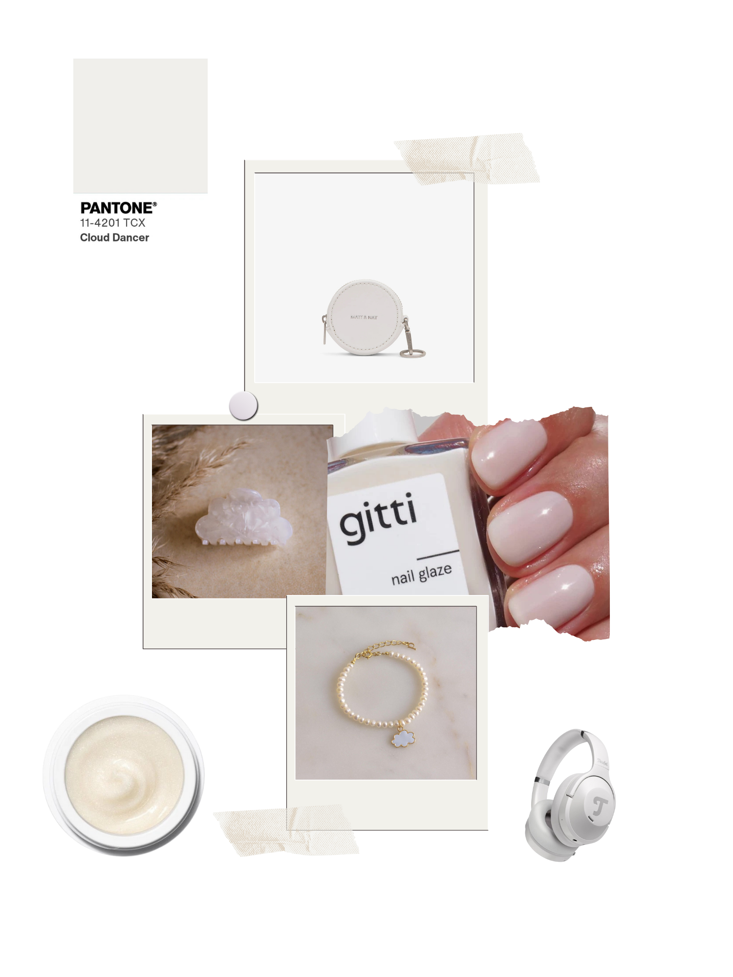 Eine Collage mit Accessories in der Farbe Pantone Cloud Dancer