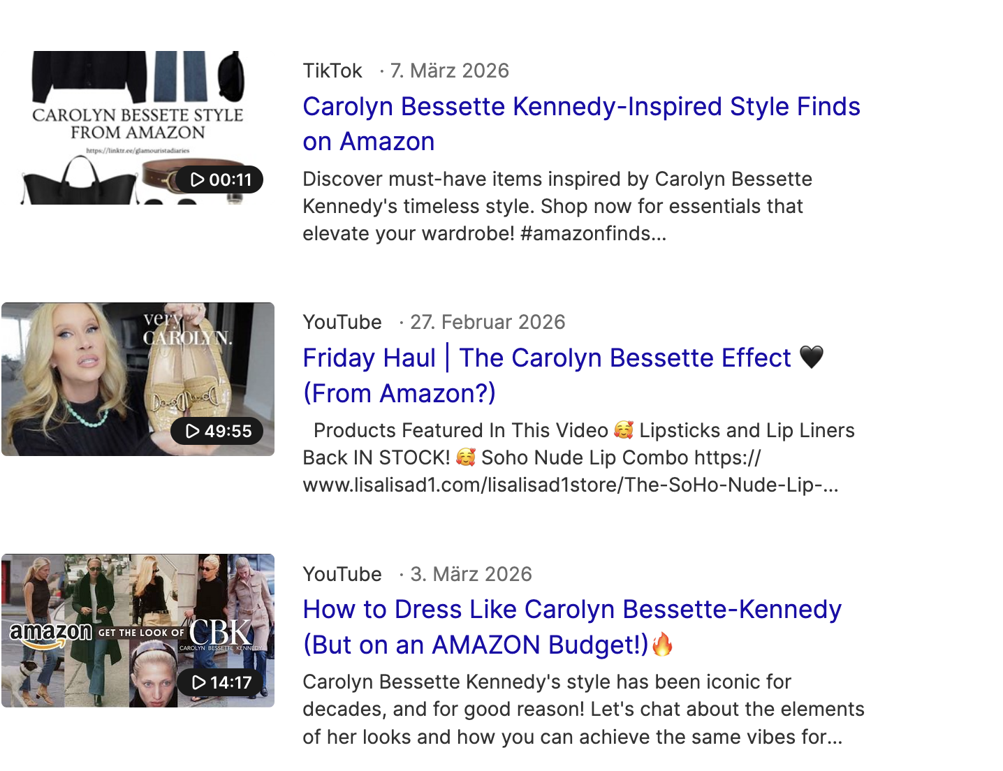 Ein Screenshot zeigt Google Suchergebnisse von Carolyn bessette-kennedy ähnlicher Mode