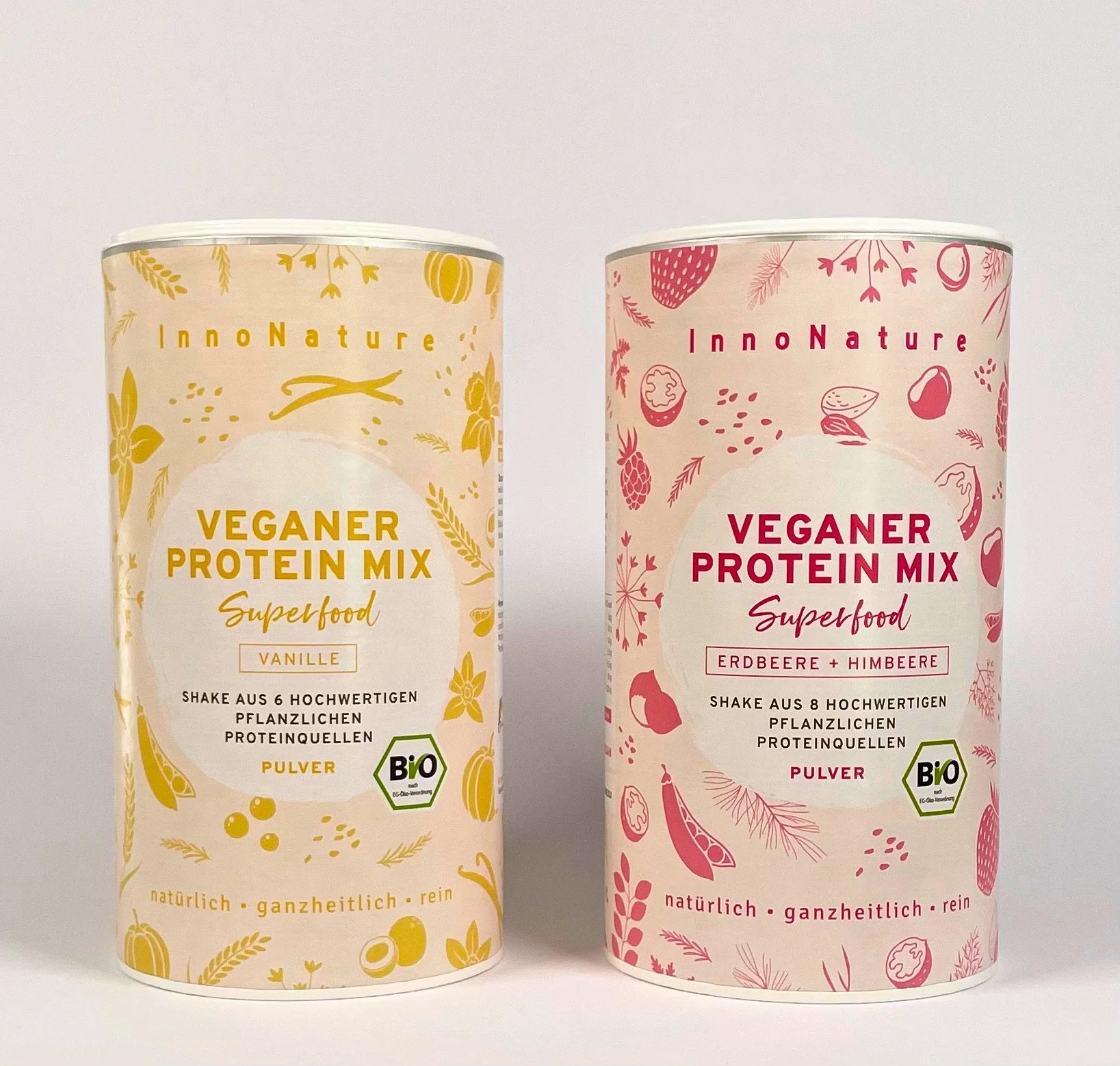Die zwei Proteinpulver Mixe von Innonature "Vanille" und "Erdbeer-Himbeere" sind hier zu sehen