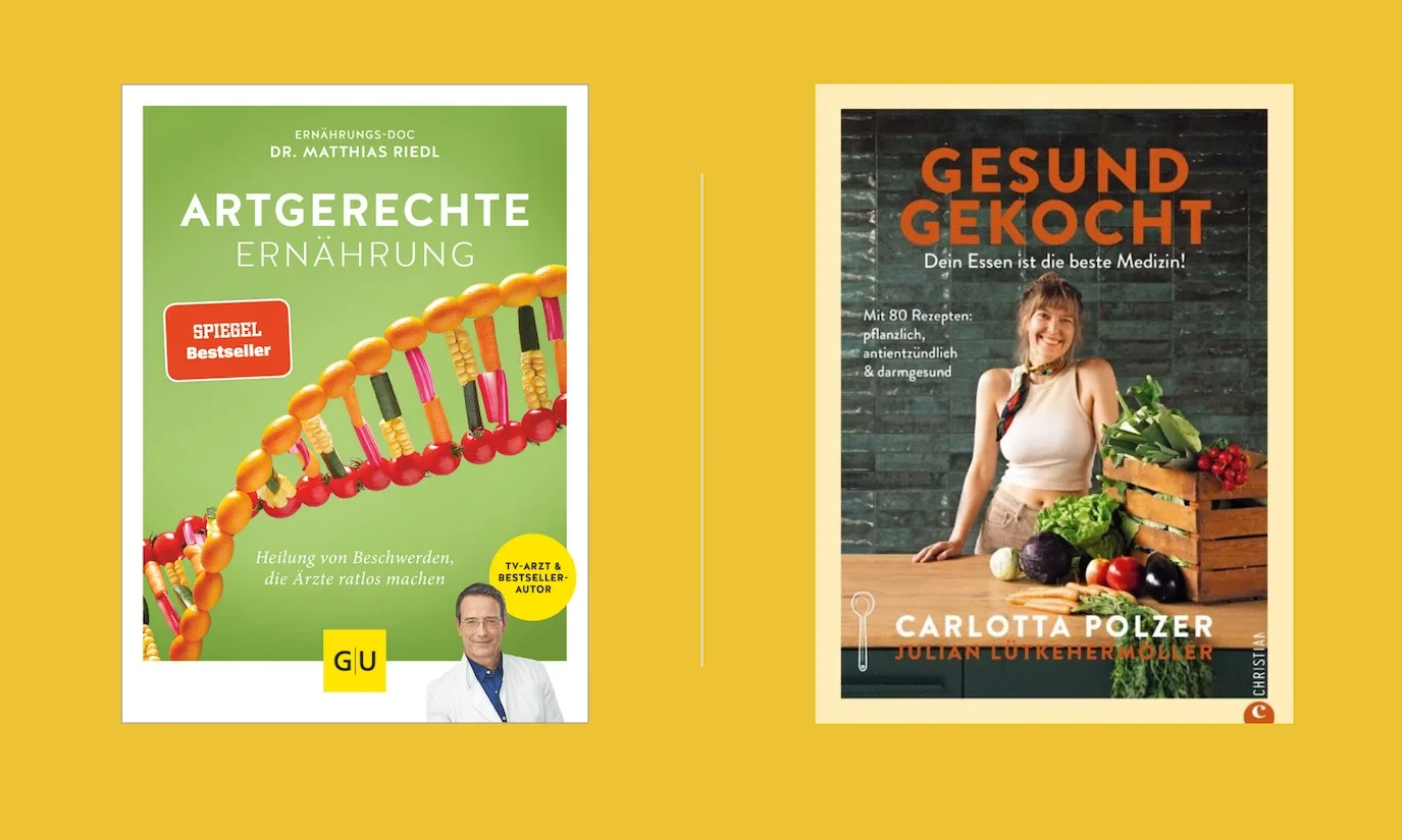 Zwei Buchcover sind zu sehen: Artgerechte Ernährung und Gesund gekocht von Carlotta Polzerf