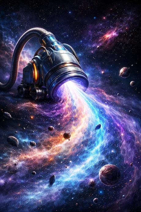 EIn KI ertslltes Bild, das einen kosmichen Staubsauger zeigt