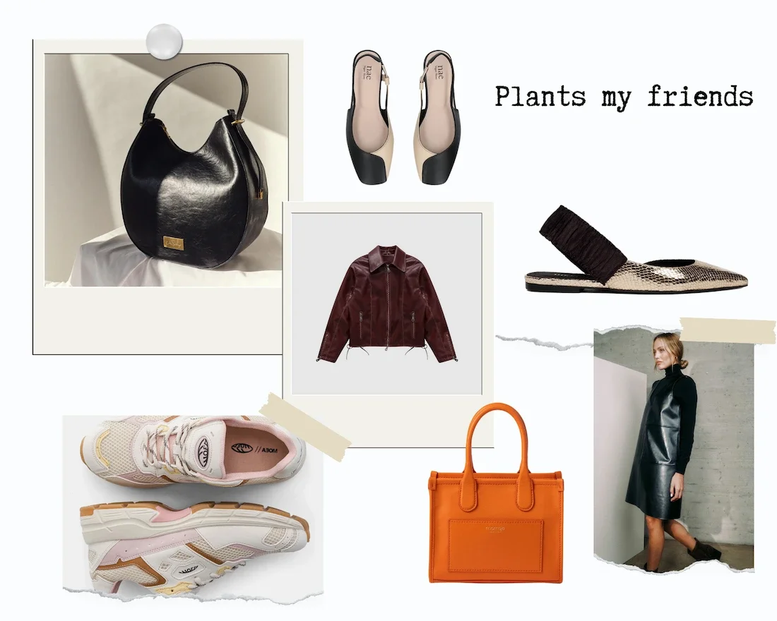 Eine Collage zeigt Fair Fashion Mode mit Prdukten aus pflanzlichem Leder, wie eine Tasche, Ballerina, Slipper, eine Jacke