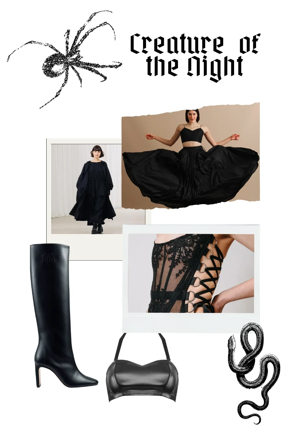 Eine Collage zeigt Fair Fashion Teile im Gothic, Vampiristic oder Dark Wave Stil. Dabei ist ein Bustier aus veganem Leder, hohe, vegane Boots oder ein Bustier der Marke Ritual Unions