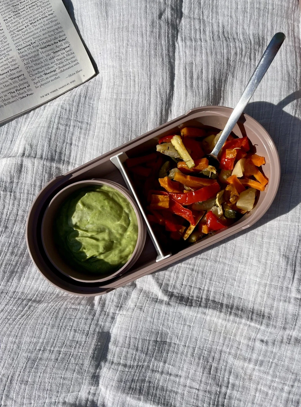 Zu sehen ist die Lumo Lunchbox von SIGG mit einem vorbereitetem Meal Prep Ofengemüse-Salat und Avocado-Mayo