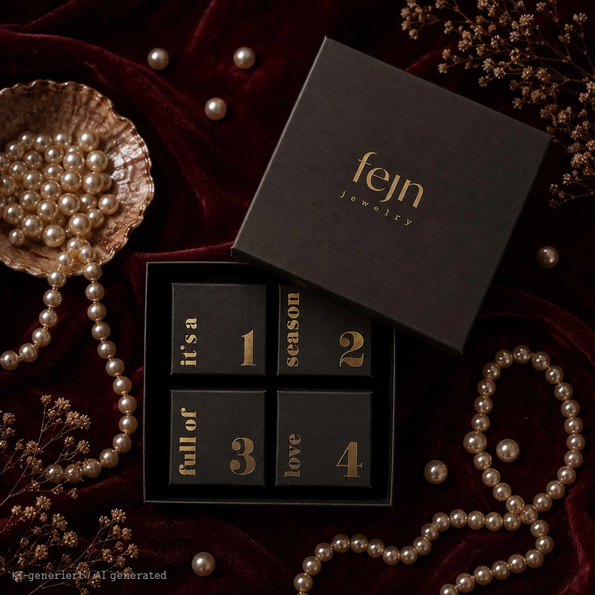 Das Foto zeigt den fejn Adventskalender in der Edition Pearls, zu sehen sind vier Schachteln, in denen sich Schmuck versteckt