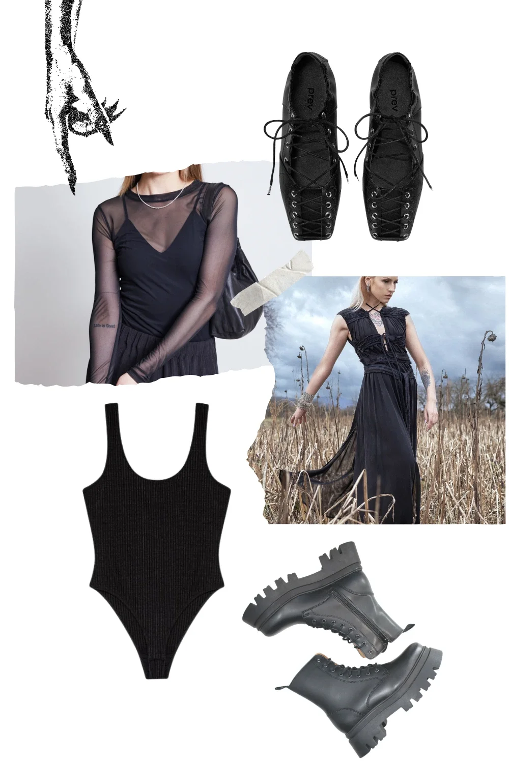 Eine Collage zeigt Fair Fashion Stücke im Gothic-, Dark Wave und Vampiric-Look. Wie vegane Stiefel oder schwarzer Body.