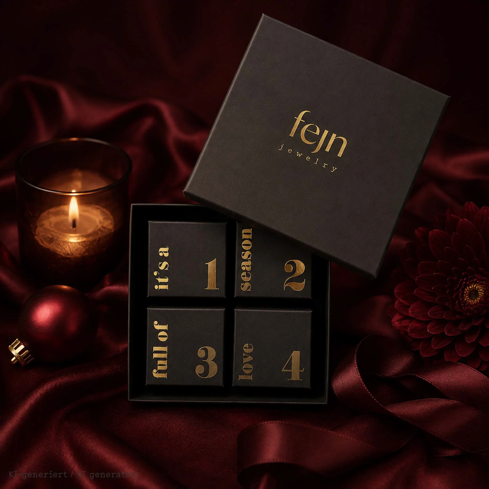 Die Sophisticated Edition von dem fejn adventskalender ist hier zu sehen. Vier kleine schwarze Schachteln mit Golddruck in einer großen Schachtel.
