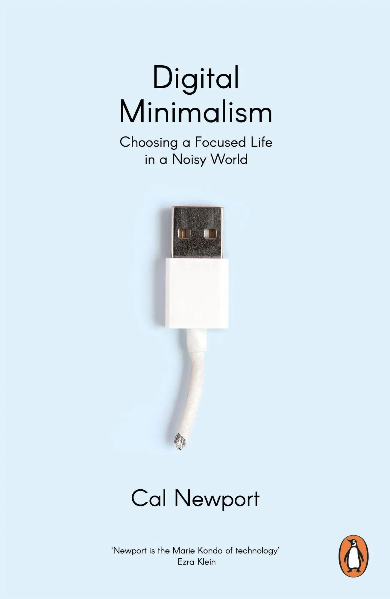 Das Cover zum Buch "Digital Minimalism" zeigt einen Netzwerkstecker auf himmelblauem Hintergrund