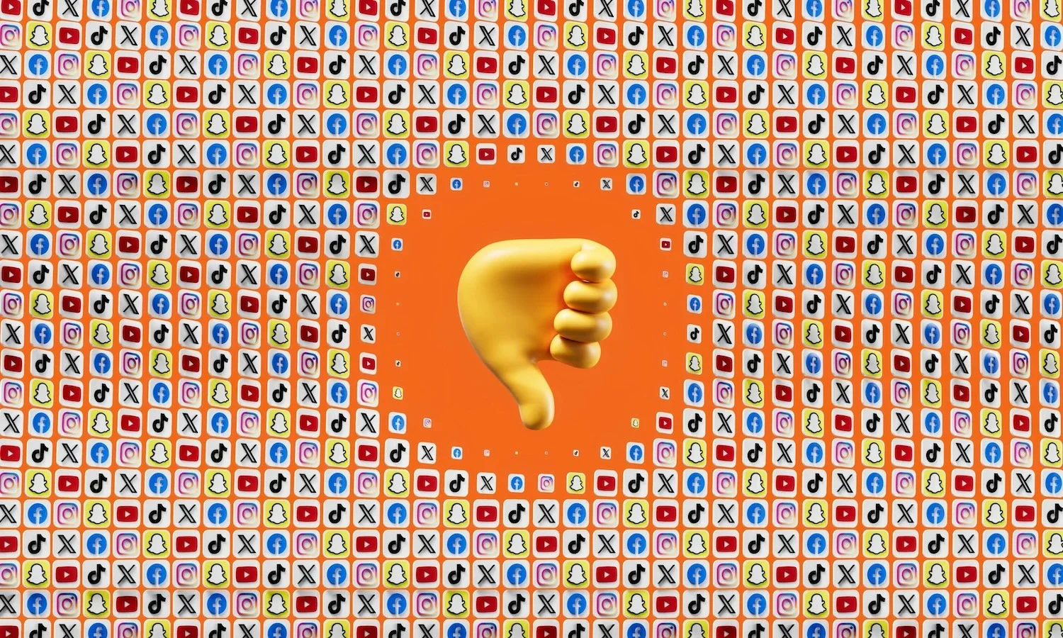 Eine Grafik zeigt die Icons von Social Media Kanälen, in der Mitte ist das Emoji "Daumen nach unten"