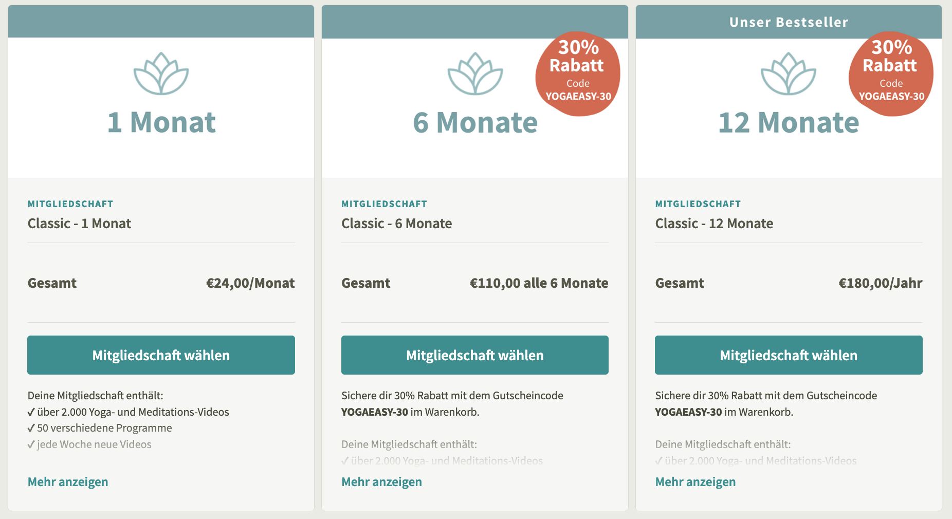 Ein Screenshot der Homepage von YogaEasy