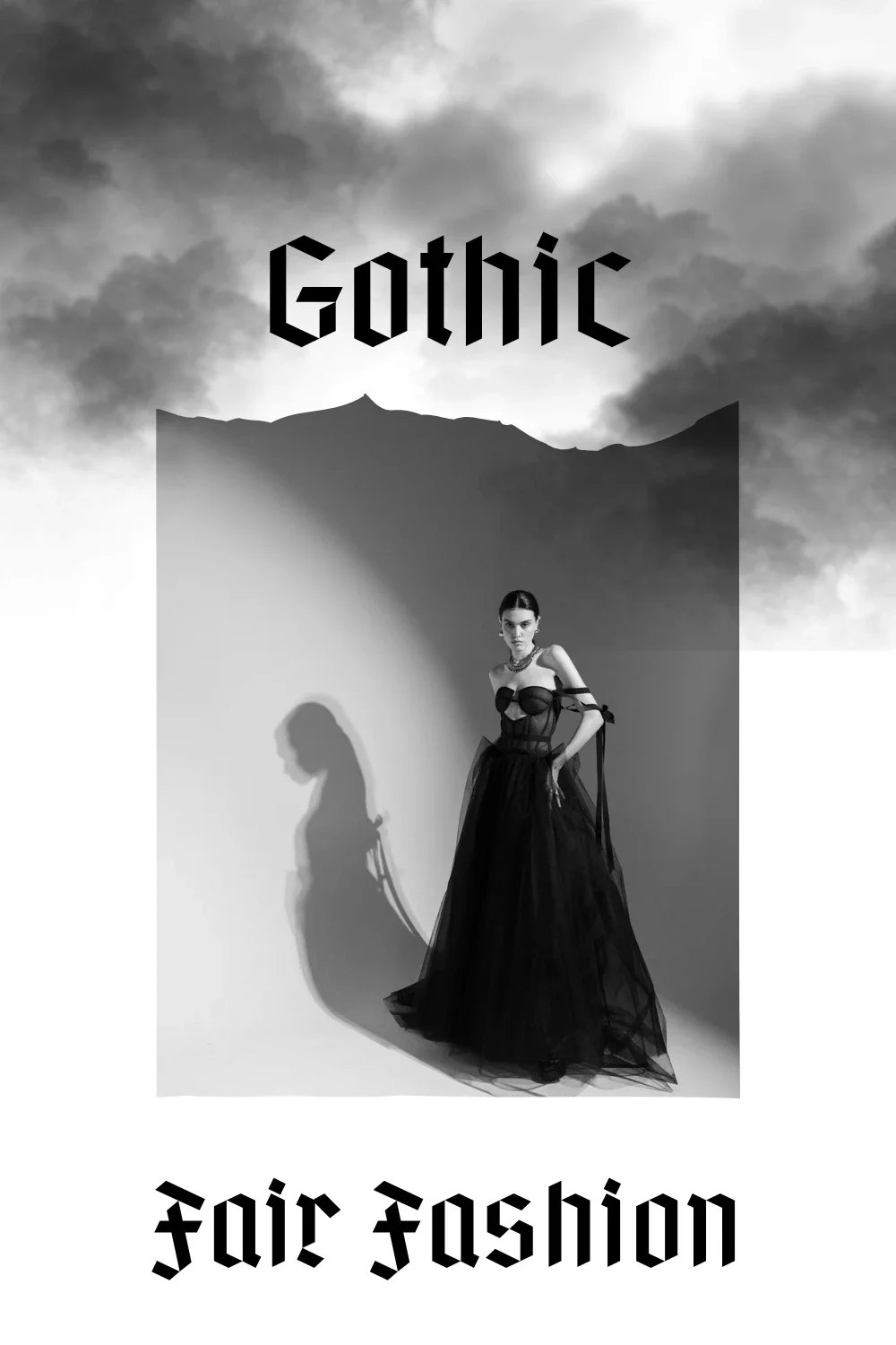 Die Collage zeigt den Schriftzug "Gothic Fair Fashion" und ein Foto eines schwarzen Brautkleids der Fair Fashion Marke Ritual Unions Berlin