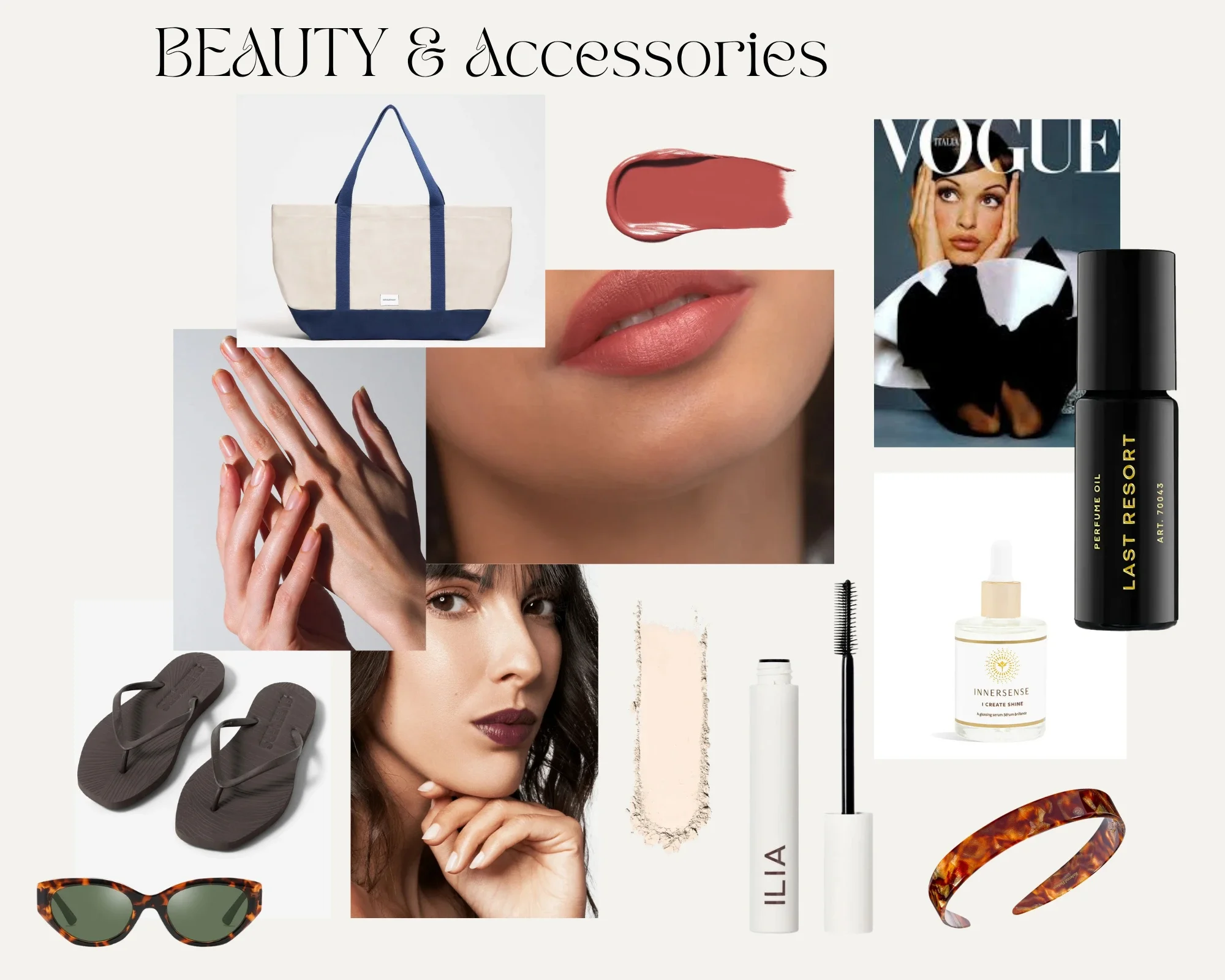 Eine Collage zeigt Naturkosmetik Make up im Stil von Carolyn bessette-Kennedy mit Lippenstiften, Musk Parfum, Schildplatt-Haarreif