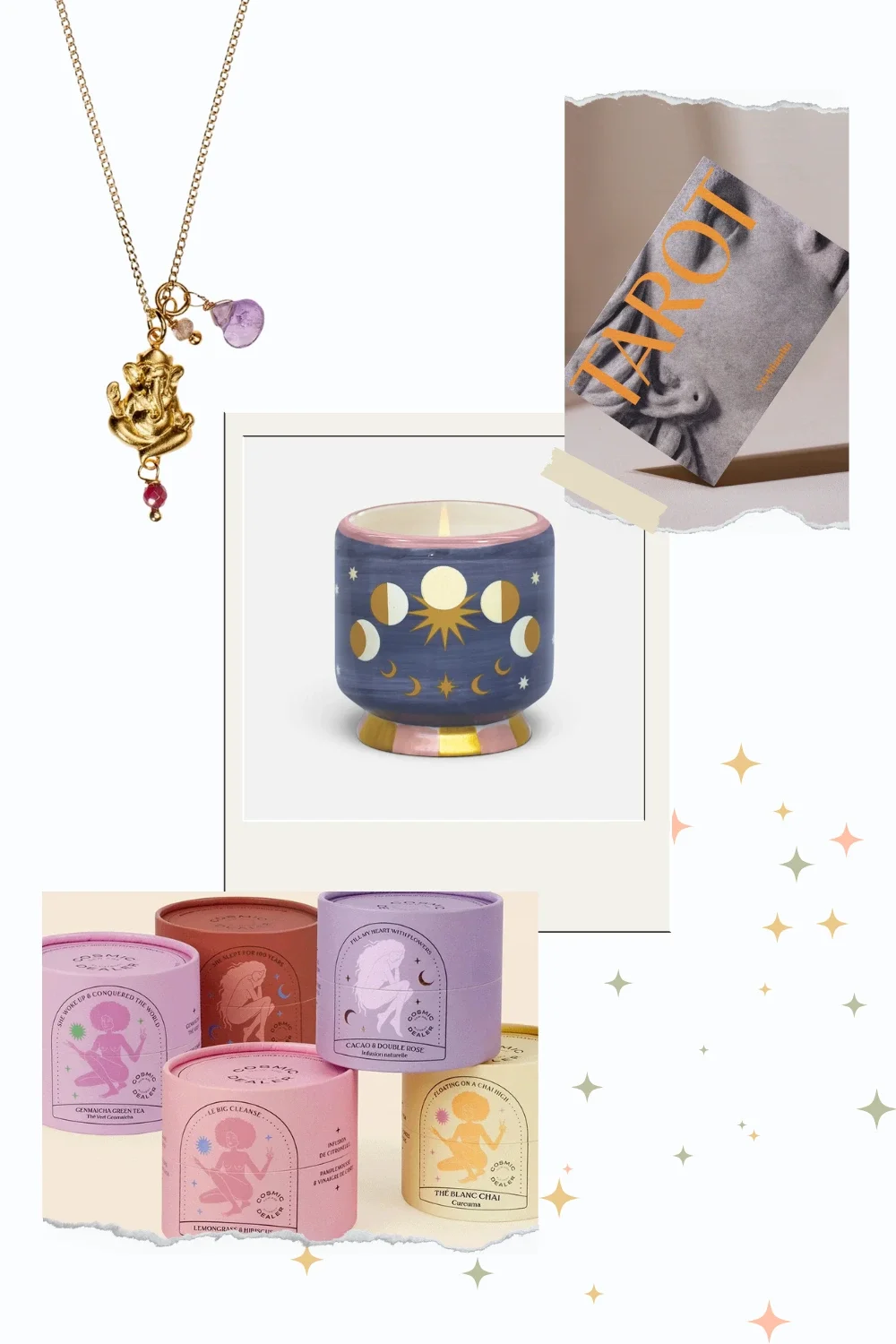 Eine Collage zeigt nachhaltige Geschenke für Yogis, zum Beispiel für Weihnachten. Zu sehen ist eine Ganesha-Kette, Cosmic Dealer Tee und eine schöne Kerze