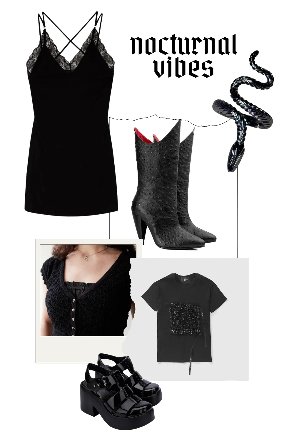 Eine Collage zeigt Fair Fashion Teile in schwarz, im Gothic-Mode Stil. Dabei sind PVC Sandalen, ein Shirt mit dem Band alter VHS-Kassetten daraiuf gestickt, und Boots