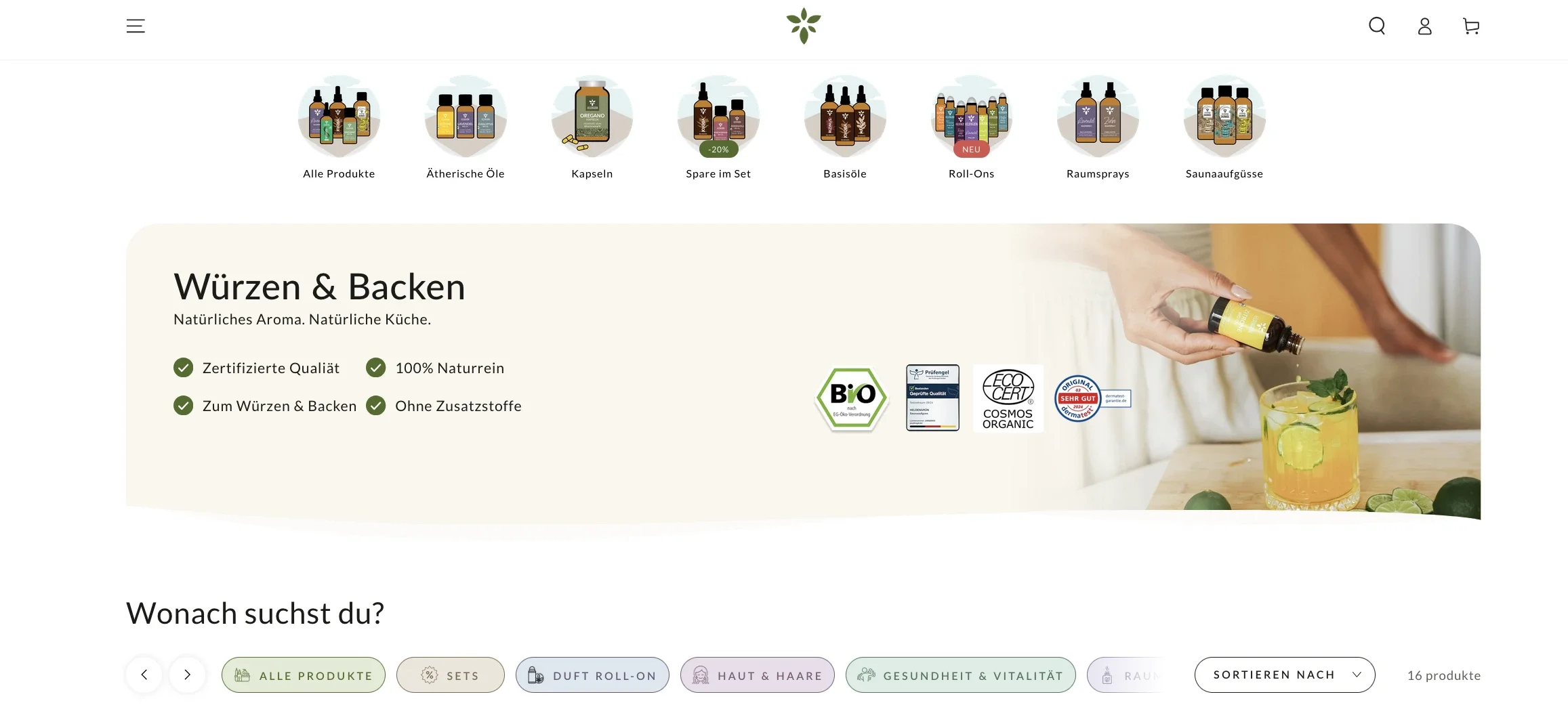 Ein Screenshot der Website von Heldengrün, mit dem Angebot, beispielsweise Ätherische Öle zum backen ist zu sehen