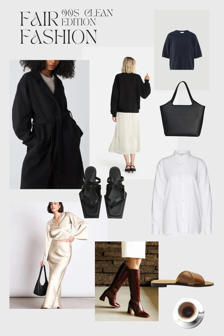 Eine Collage zeigt verschiedene Fair Fashion Mode im Stil von Carolyn Bessette-Kennedy. Dabei sind nachhaltige Oberteile, Röcke und Mantel