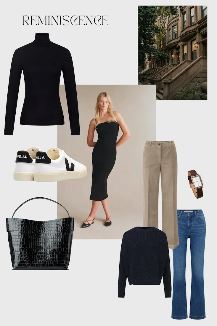 Eine Fotocollage zeigt faire Mode im minimalistischen Stil von Carolyn Bessette-Kennedy. Wie faire Jeans, eine Luxus-Tasche oder Veja Sneaker.
