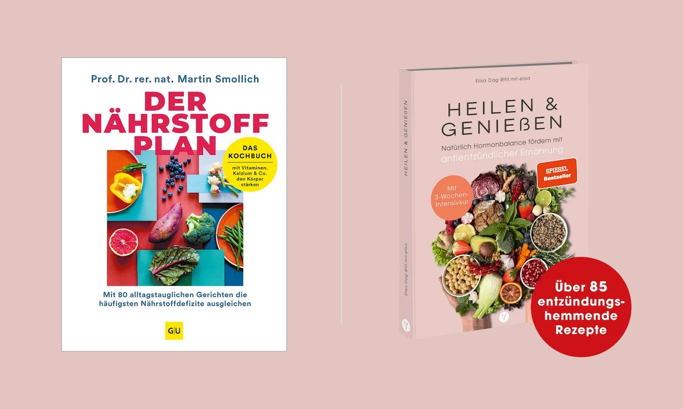 Zwei Buchcover sind hier zu sehen: Der Nährstoffplan von Martin Smollich und Heilen & Genießen von Elisa Dag