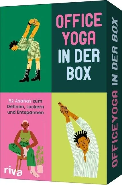 Das Karten-Deck "Office Yoga in der Box" ist hier zu sehen. Darauf sind fröhliche Illustrationen.