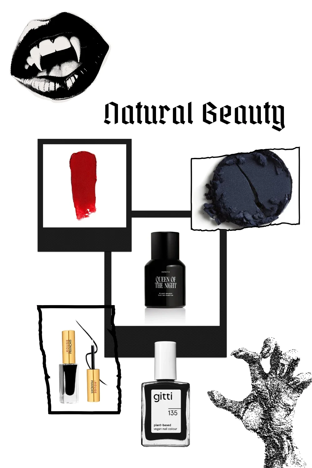 Eine Collage zeigt Natrurkosmetik-Make-up für den Gothic-Stil. Dabei blutroter Lippenstift, schwarzer Nagellack von gitti und ein Parfum von Heretic perfum