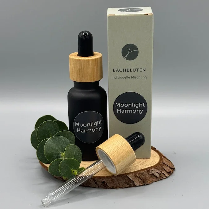 Die Bachblüten-Essenz Moonlight-Harmony ist hier zu sehen, sie steht auf einem Holzstück, daneben ein Eukalyptus