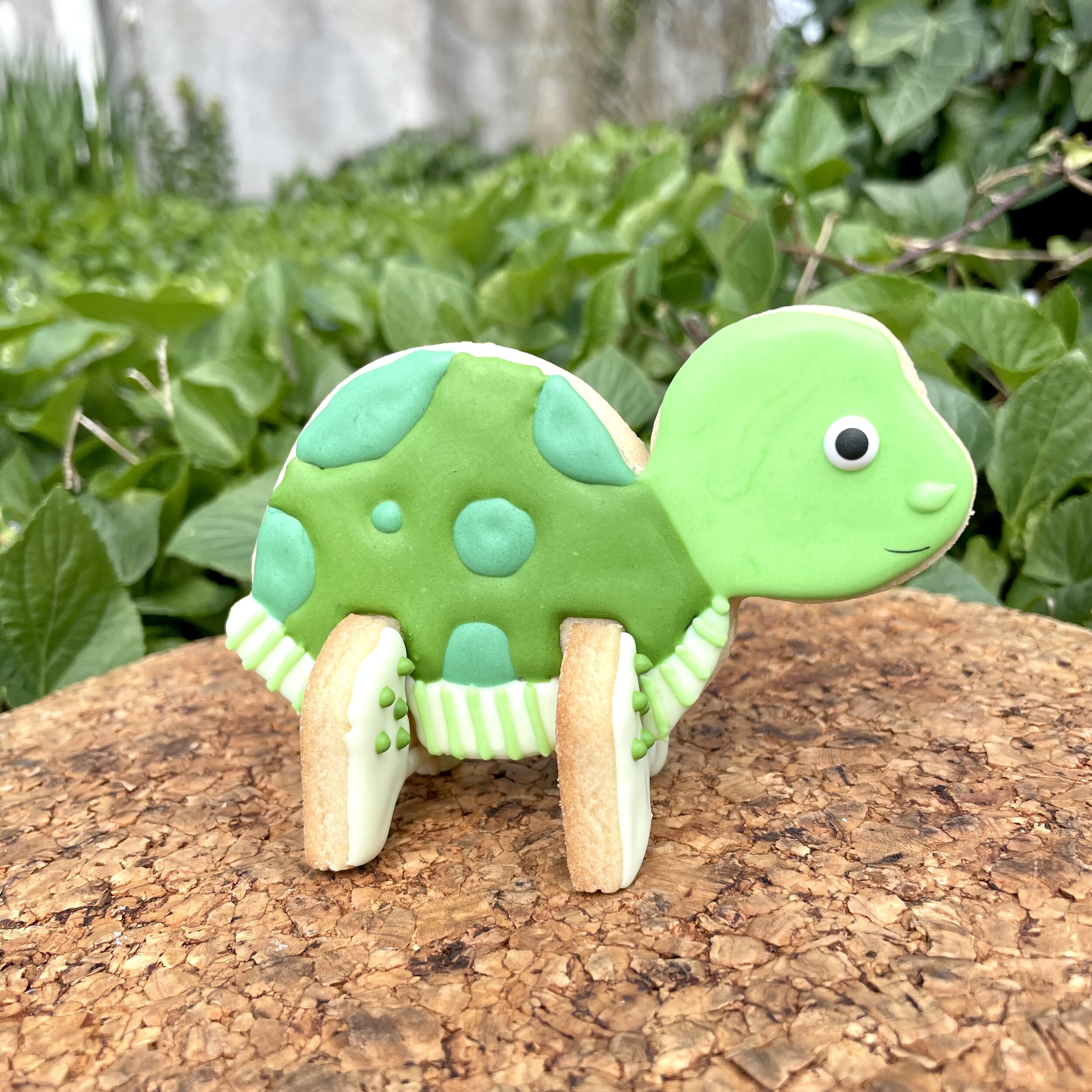 A decorated 3D turtle cookie with green icing