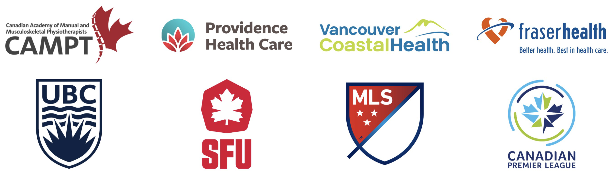 Collection of logos for various Canadian healthcare, sports, and organization brands, including CAMPT, Providence Health Care, Vancouver Coastal Health, Fraser Health, UBC, SFU, MLS, and the Canadian Premier League.