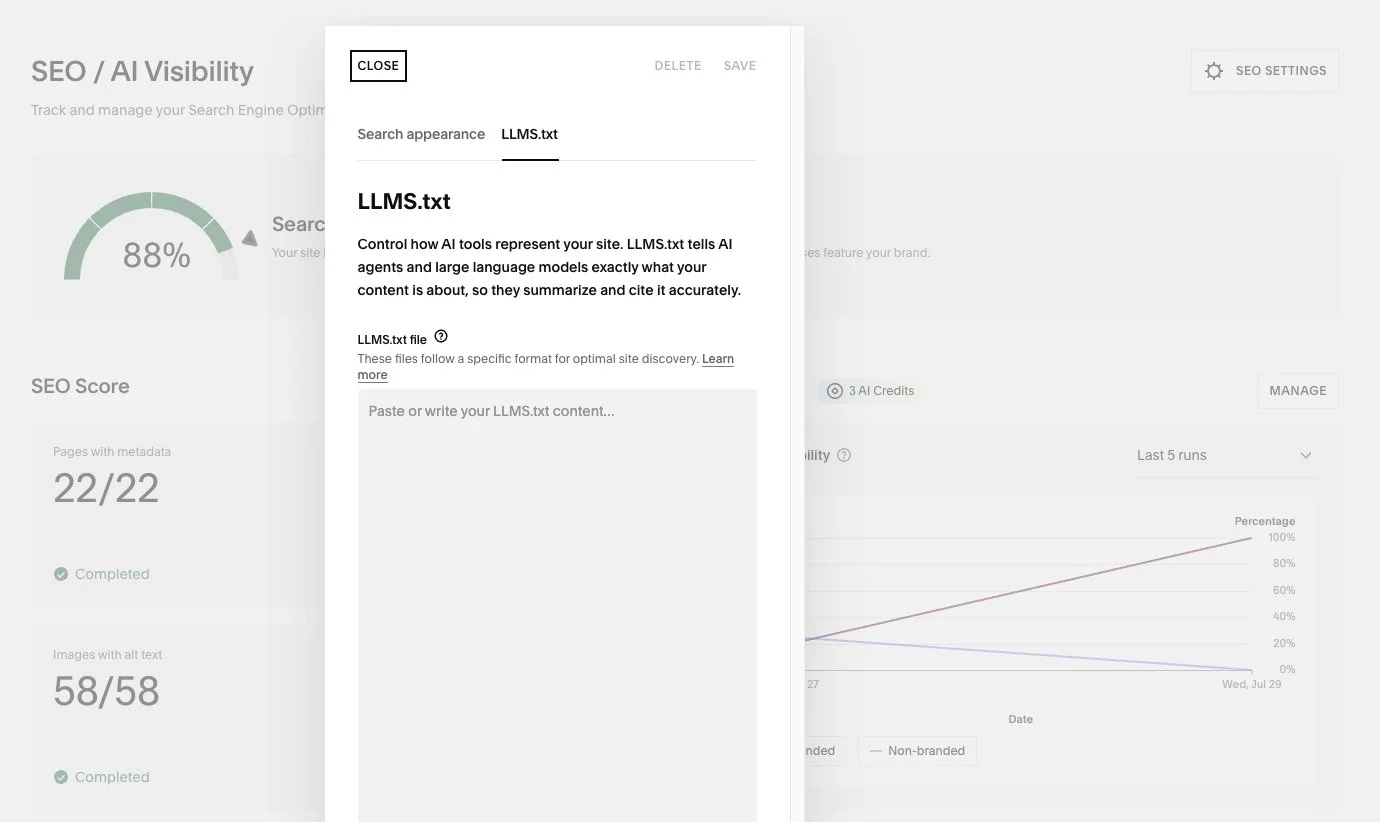 Das Dashboard von Squarespace zu SEO / AI Visibilty und wo man die LLMS.txt Datei hochlädt.