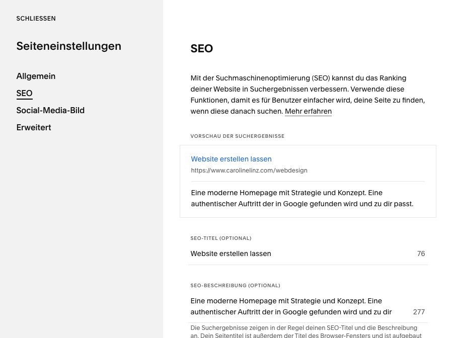 SEO Seiteneinstellungen Squarespace