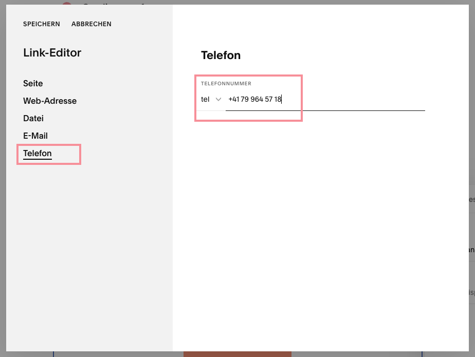 Squarespace Telefonnummer Link setzen
