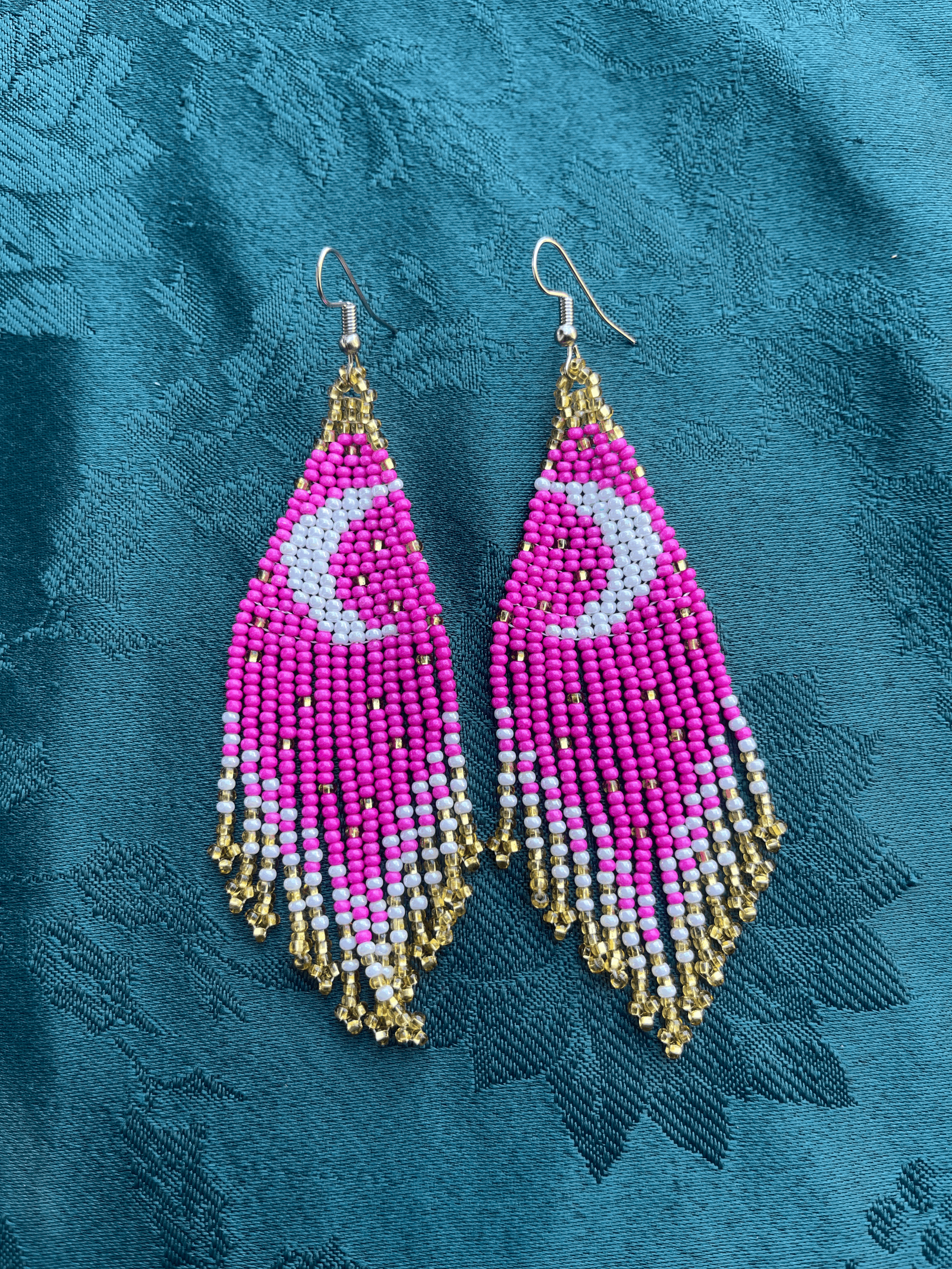 Beaded Earrings- Pink and White moons
