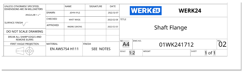 Werk24 comprend les matériaux du cartouche dans les dessins techniques