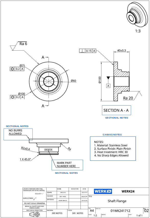 Werk24 explique la toile et les notes de section dans les dessins techniques